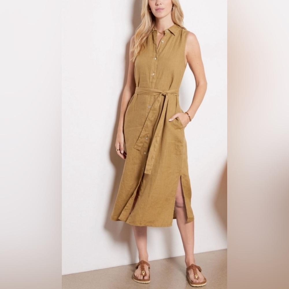 Faherty Laguna Linen Midi Sleeveless Shirtdress Dullgold